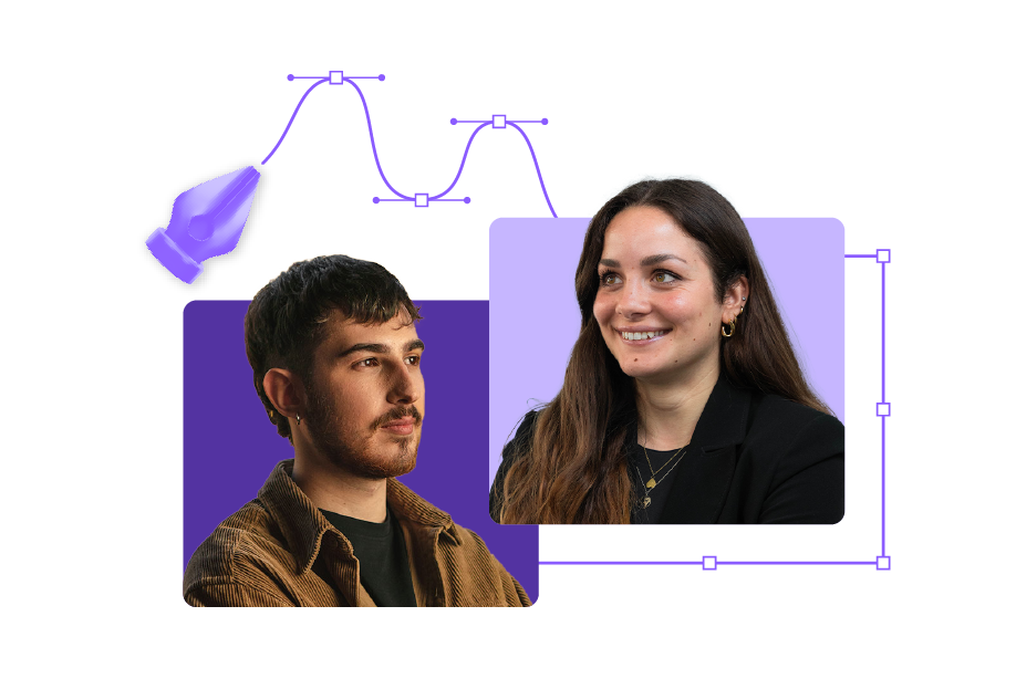 One man and a women dark-haired in two purple squares connected by the dots of the pen tool
