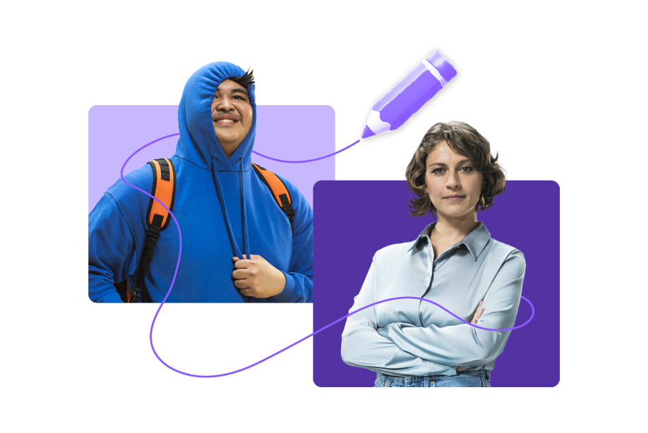 One student in a blue hoodie and a teacher in a light blue blouse inserted into two purple squares and connected by a pencil trait